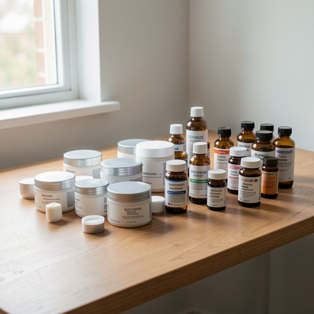 Talome House London studio interior with wooden shelving displaying body care products and supplement jars in warm afternoon light