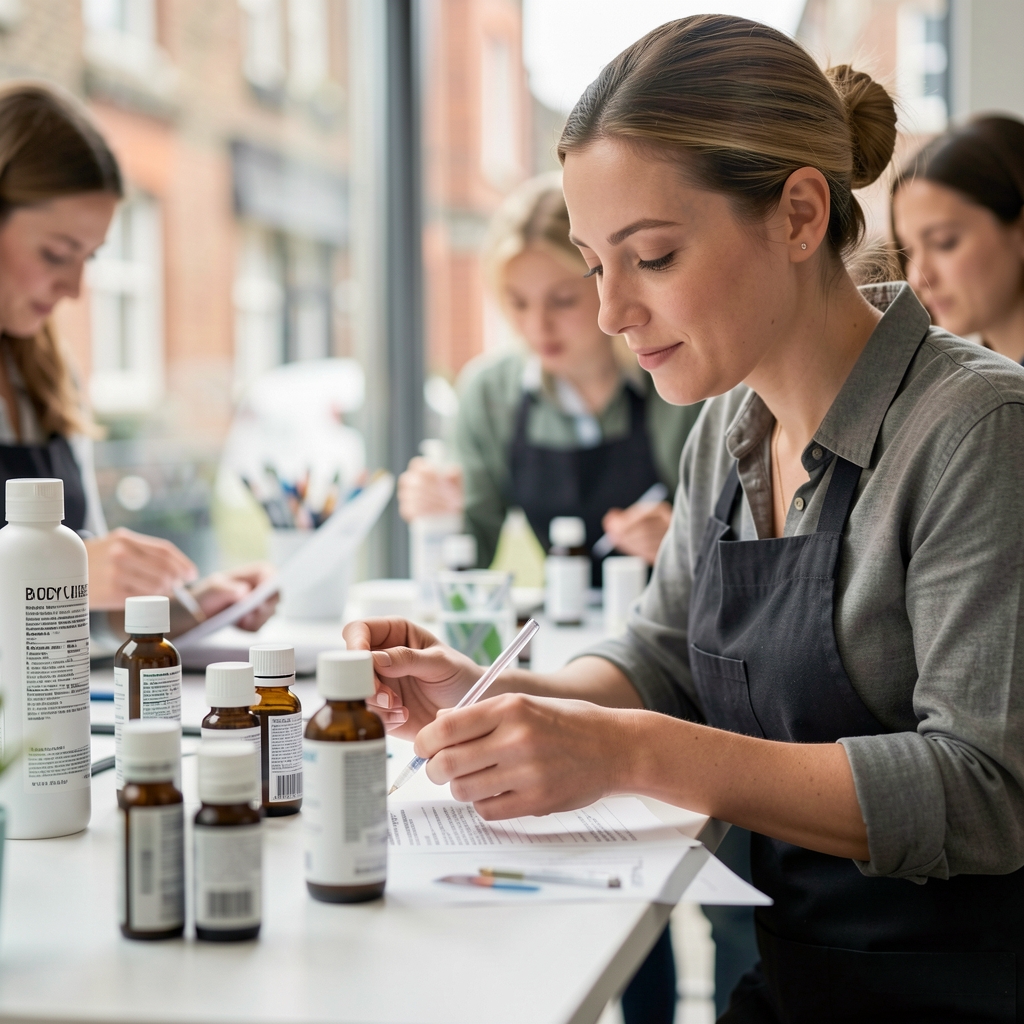 Small independent team reviewing body care product ingredient labels at a clean workbench in a London studio, focused and methodical atmosphere