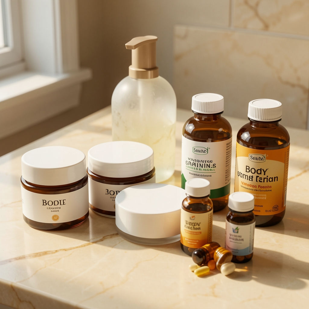 Curated display of body cream jars and vitamin supplement bottles arranged on a warm cream-coloured marble surface with natural morning light