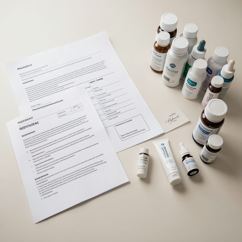 Organised review workspace with ingredient documentation files, body cream samples and supplement bottles laid out systematically on a clean light surface
