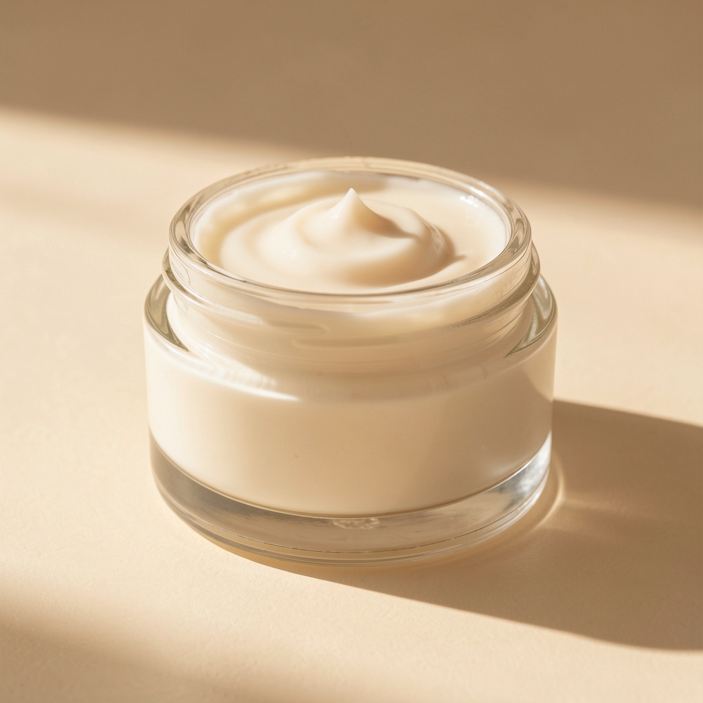 Glass jar of pale body cream on a warm cream surface with soft natural light casting gentle shadows