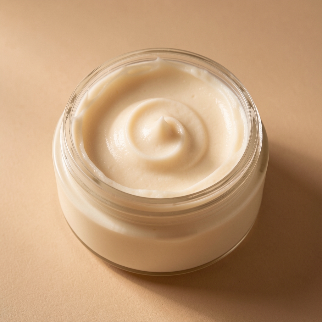 Open body butter jar showing rich creamy texture, editorial composition with neutral warm background and overhead lighting