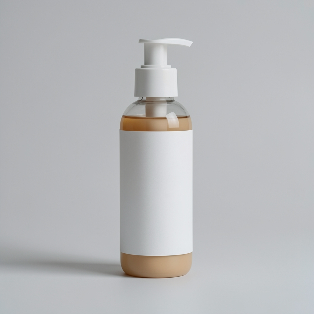 Minimalist body cream bottle with clean label against a light neutral grey background, editorial still life composition