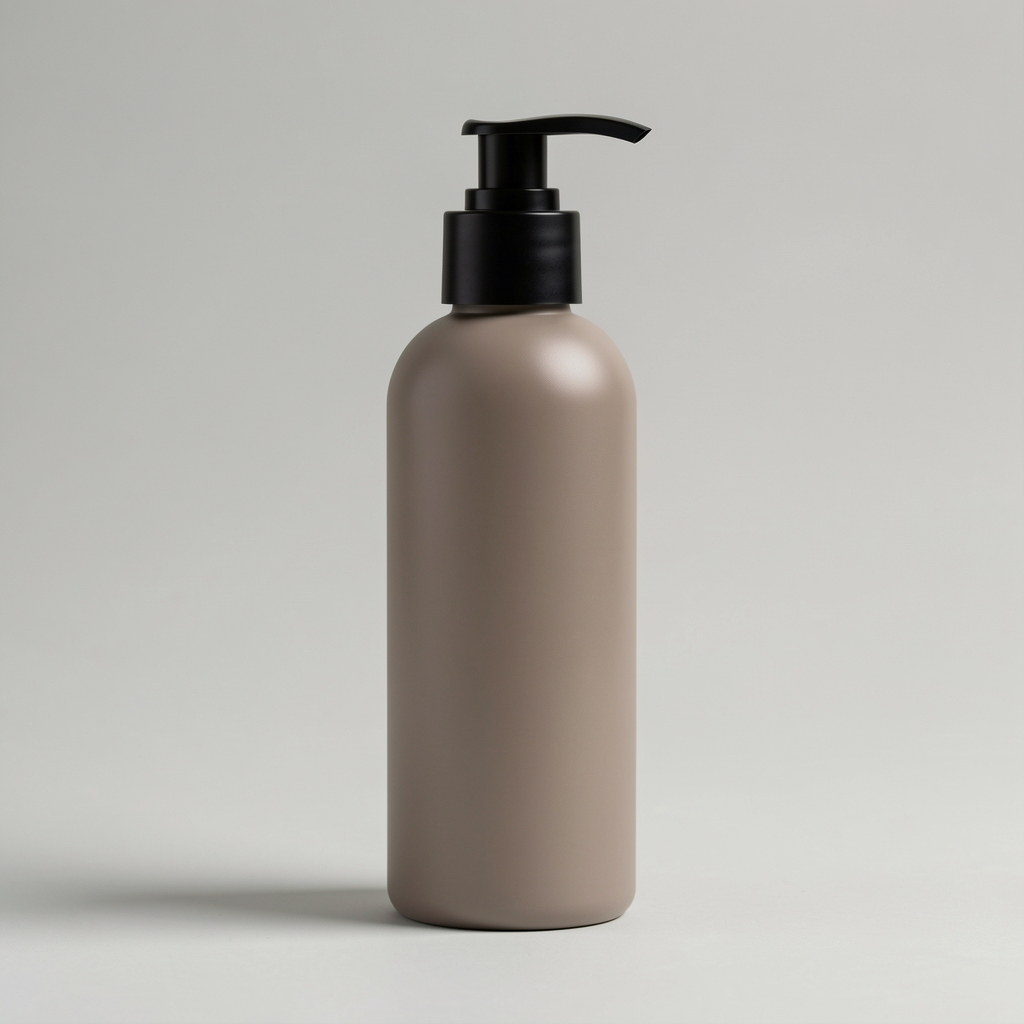 Body cream bottle in matte finish standing against a clean neutral background, minimal product photography with side lighting