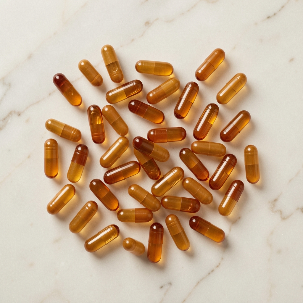 Daily supplement capsules in warm amber tones arranged in an editorial overhead composition on a pale marble surface