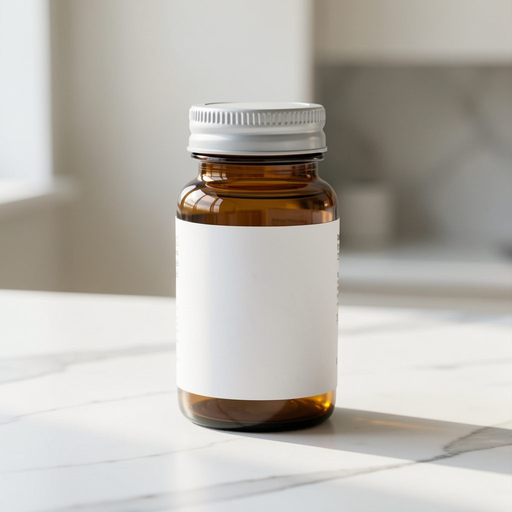 Supplement vitamin bottle with amber glass, photographed on a white marble surface with natural daylight illumination