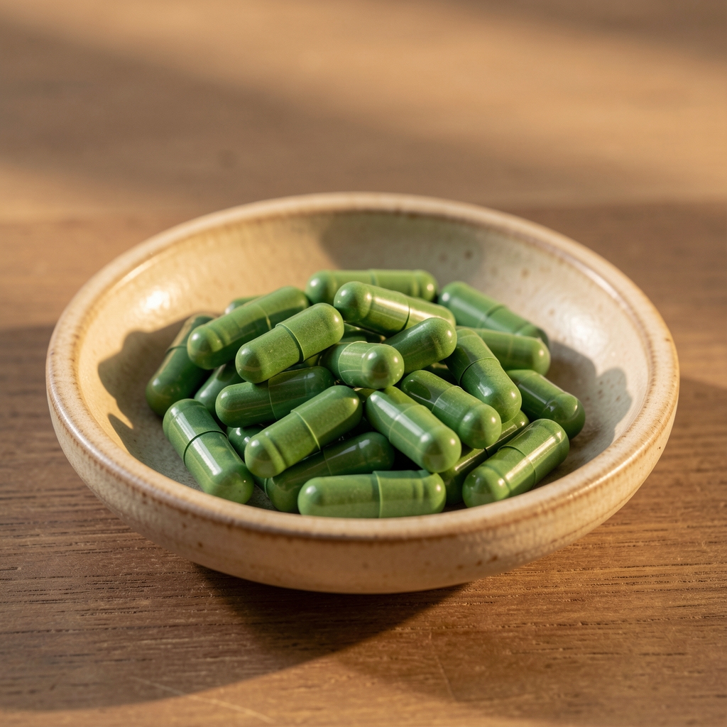 Green energy daily supplement capsules in a shallow ceramic dish, editorial photography with warm side lighting