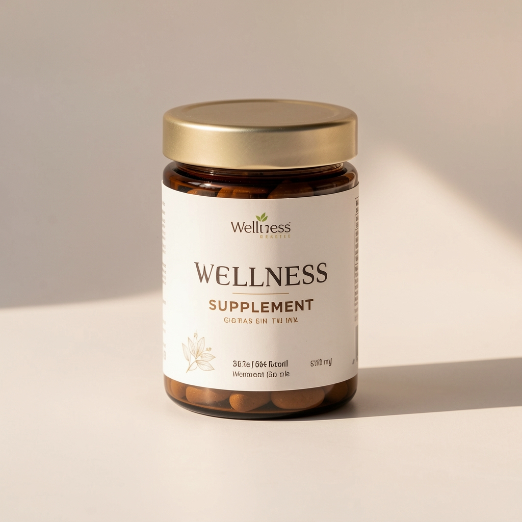 Wellness supplement jar with natural light casting a soft shadow on pale background, minimal editorial product arrangement